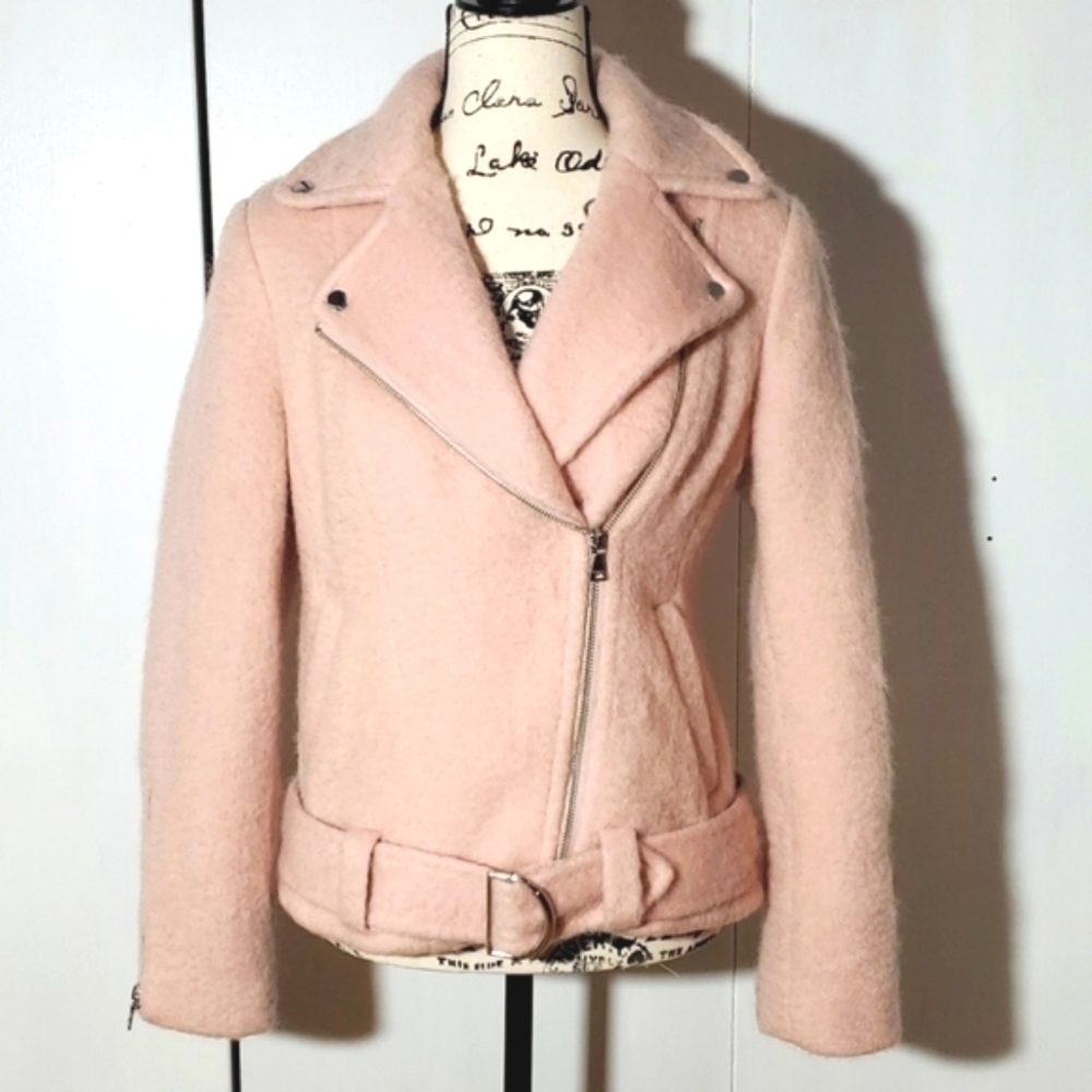 Express|Pink Moto Jacket Soft WOOL Neutral Warm Trendy Coat Mod Size XS/S
